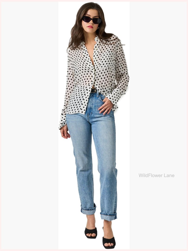 Silk Long Sleeve Button Down Shirt Polka Dot Blouse